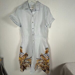 Joie Womens Linen Button Down Short Sleeve Shirt Dress Medium Light Blue Floral